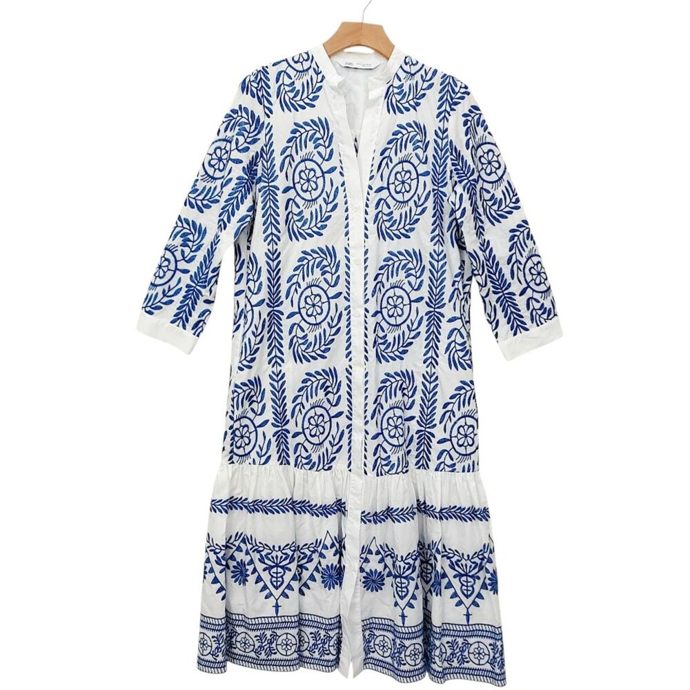 Zara Womens Medium White Blue Midi Shirtdress Tiered Embroidered Boho Feminine